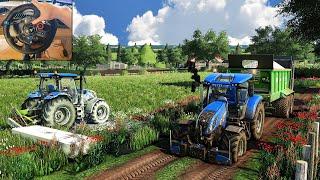 Spreading Lime & Mowing grass w/ New Holland T6.180 - Farming Simulator 19 | Logitech g29 gameplay