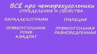 Параллелограмм, прямоугольник, ромб,квадрат,трапеция, все свойства и определения!!!