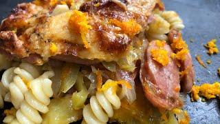Lasagna with sausage, Greek lasagna with spetsofai sausage and oranges. Greek food recipe