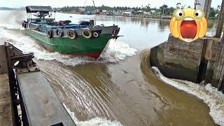 The captain steered the boat down the dangerous water slope