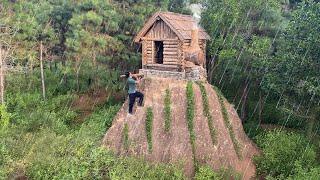 30 Days Building Wooden House On a Mountain, Clay Fireplace,  Fish Trap, Catch and Cook