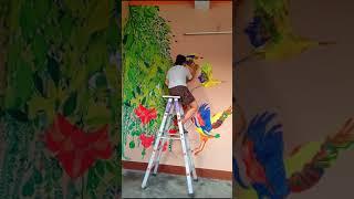 Beautiful red flowers, leaves with flying crane | wall painting | Saumya's artistry