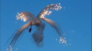 EXCITING DISPLAYS BY F/A 18 SWISS HORNET - SUPER PUMA with FLARES in LOCARNO "Luci e Ombre 2023"