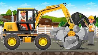 Rock Falls - Truck, Excavator and Big Stone in Road | Construction Vehicles