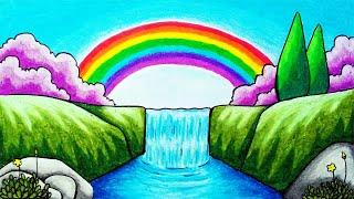 How to Draw Rainbow Over Waterfall Scenery Step by Step | Easy Rainbow Scenery Drawing for Beginners