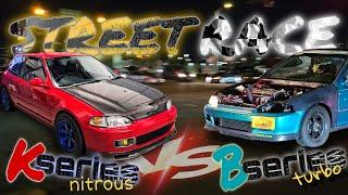 Kseries nitrous eg hatch vs Bseries turbo coupe STREET RACE  + untouchable BMW M3 Competition g80