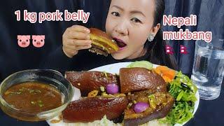 EATING 1 KG BRAISED PORK BELLY WITH BASMATI RICE  ||RUBI RAI MUKBANG