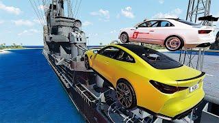 Audi VS Bmw 100 Mega Container Jump Aircraft WarShip Parkour - Speed Car Crash - BeamNG Drive