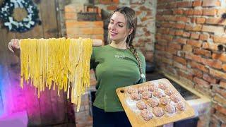 Cooking Homemade Pasta with Meat Balls l Village Cooking ASMR