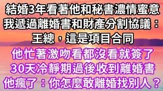 結婚3年看著他和秘書濃情蜜意，我遞過離婚書和財產分割協議：王總，這是項目合同，他忙著激吻看都沒看就簽了，30天冷靜期過後收到離婚書他瘋了：你怎麼敢離婚找別人？#復仇 #逆襲 #爽文