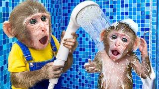 KiKi Monkey challenge bathing so fun in the toilet & eat Watermelon with Duckling | KUDO ANIMAL KIKI