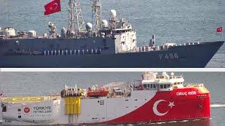 Seismic Research Vessel ORUÇ REİS & Turkish Gabya Class Frigates Pass Istanbul Strait - Oct 5, 2024