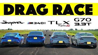 BMW M340i vs Acura TLX Type S vs Genesis G70 vs Toyota Supra. Drag Race.