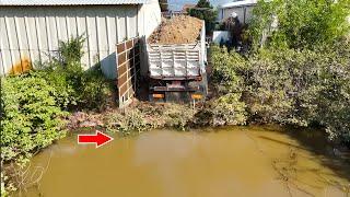 Amazing project!! Bulldozer D31P pushing soil with dump trucks filling up the backyard