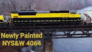 Newly Repainted NYS&W 4064 over the Oakland Trestle