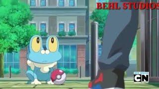 Ash catches froakie.Ash catches a froakie.