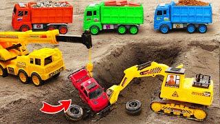 Excavator, Cranes, and Rescue Vehicles - Toy Car Buried Under Sand ! SaCo Toys