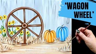 EP178- 'Wagon Wheel' easy autumn fall painting tutorial with wagon wheel, pumpkins, sunflowers