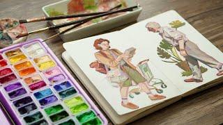 Paint with me using HIMI gouache! | Painting over my pen sketches #24