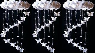 How to make easy paper rose flowers wall hanging|Wind chime| Decoration idea|White Paper crafts|DIY