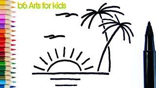 How to draw simple sunset scenery | easy sketch | b6 Arts for kids