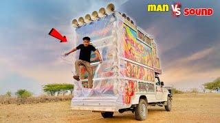 Man vs Dj Sound Challenge !! DJ track covered with plastic and man put inside