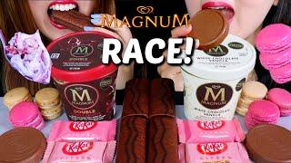 ASMR MAGNUM ICE CREAM RACE EATING CHALLENGE (STRAWBERRY KITKATS, CHOCOLATE MARSHMALLOW CAKES) 먹방