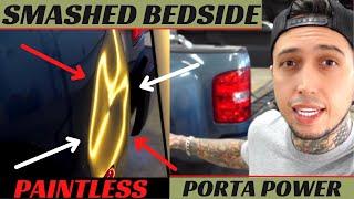 Paintless dent repair on truck bedside