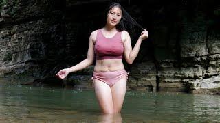 After 1 Year Camping In The Wild - Young Girl in Bikini Swimming In The Stream - ASMR Nature Sounds