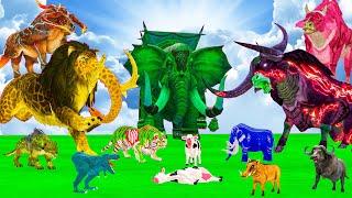 10 Mammoth Elephants vs 5 Saber tooth Tiger Lion Fight Cow Baby Elephant Saved by Woolly Mammoth