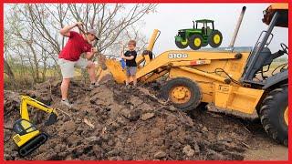 Backhoe for kids | Digging for toys and learning colors on the farm