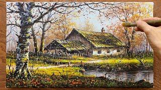 How to draw a house in the forest - Peaceful autumn landscape / Art painting / A Lu Art.