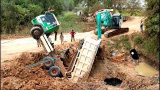 Incredible Overloaded Dump Truck Failed to Drive Up Hill Help By KOBELCO SK210LC Excavator & Truck