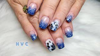 HVC Nail Art Design #185 | ombre pink and blue sparkle with Brush Flowers nails