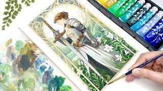 Relaxing Painting Video/ Joan of Arc/ Art Nouveau/ Gouache Painting Process/ Tutorial/ Paint with Me