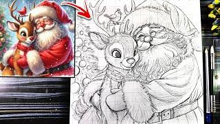 Santa Claus drawing With Reindeer, Merry Christmas Drawing, How To Draw Santa Claus,Outline Tutorial