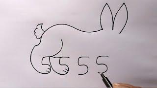 How To Turn 5555 Into Rabbit | Rabbit Drawing Sketch Used Number | Rabbit Drawing Simple