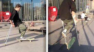 One Legged Man Shows Off Skateboard And Parkour Tricks