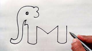 Elephant Drawing | How to draw elephant from letter M | Elephant drawing tutorial