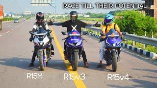 Yamaha R15 V3 vs Yamaha R15M vs Yamaha R15 V4 | Battle between siblings  | Highway battle