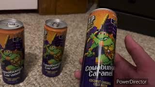 Unboxing a package of 3 TMNT Cowabunga Caramel Cold Brew coffees cans from Pop Culture Coffee