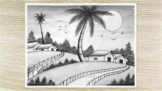 How to draw a simple Landscape easy pencil drawing, Super Easy Pencil drawing