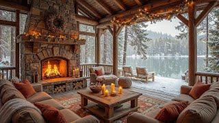 Winter Wood Cabin with Warm Fireplace Ambience  Smooth Jazz Piano Music for Holiday Retreat