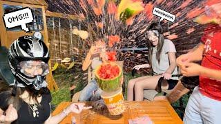 My FAMILY and I tried to see HOW MANY rubberbands can explode a WATERMELON  | eslis