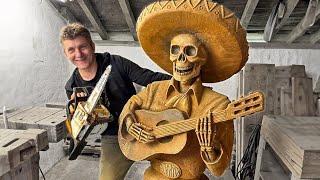 AMAZING CHAINSAW wood carving, Skeleton with Guitar