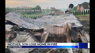 Mother, son react as officials investigate fire that took their home in East Palestine