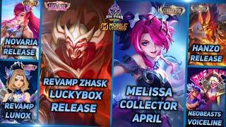 REVAMP LUNOX & ZHASK LUCKYBOX, MELISSA COLLECTOR APRIL, NOVARIA & HANZO COLLECTOR-MLBB UPCOMING SKIN