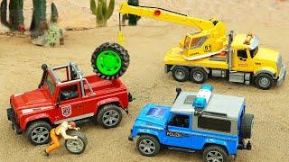 Rescue Crane, Fire Truck, Police Car Help Arrest Red Jeeps Causing Accident With Container Truck