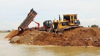 Wonderful Bulldozer Pushing Dirt into Water Filling Land & Awesome Action Dump Truck Unloading Dirt