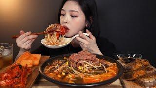 SUB)얼큰칼칼 육개장 칼국수에 밥까지 말아서 먹방(feat.메밀전병) 리얼사운드 yukgaejang mukbang hot spicy meat stew ASMR